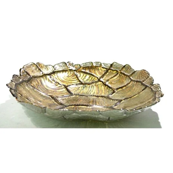 Turtle Tortoise Glass Shell Serving Bowl Platter Silver Green Gold 13 Inch